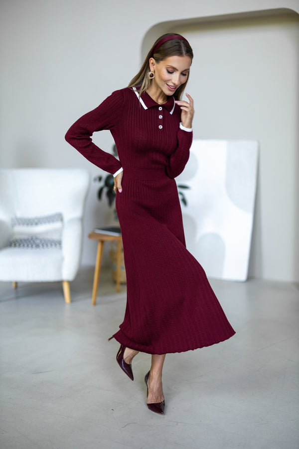 Constance Contrast-Collar Knit Midi Dress – Burgundy