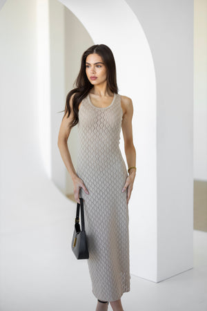 Talia Crochet Knit Maxi Dress – Beige