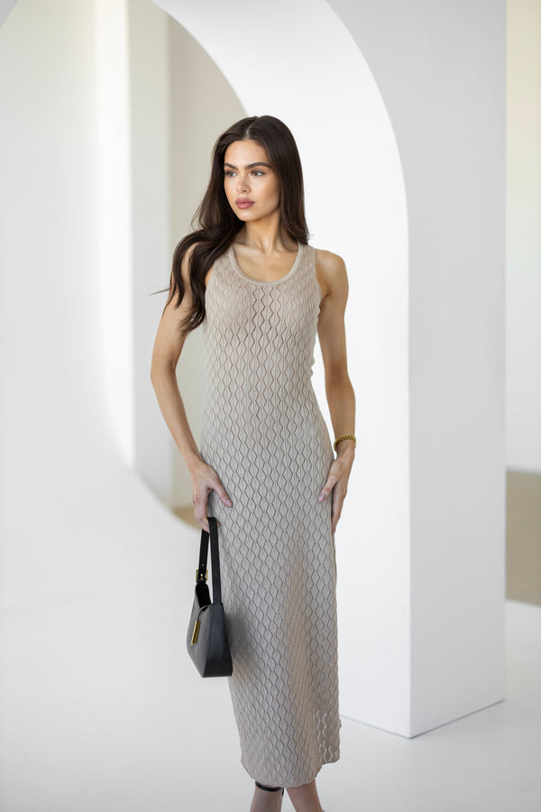 Talia Crochet Knit Maxi Dress – Beige