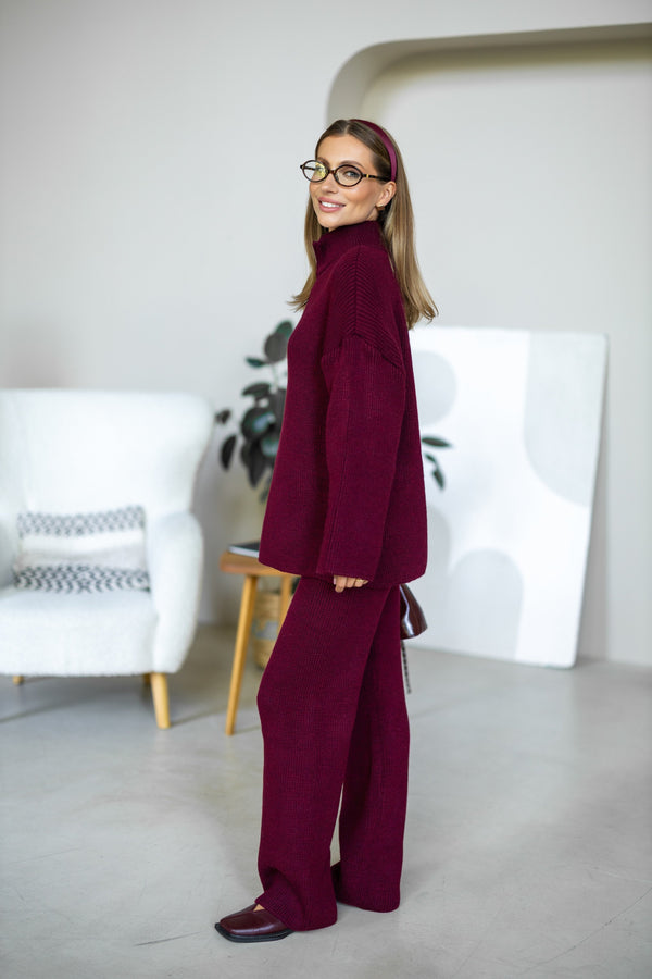 Agathe Half-Zip Knit Set – Burgundy