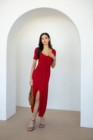 Isadora Slit Knit Maxi Dress – Red