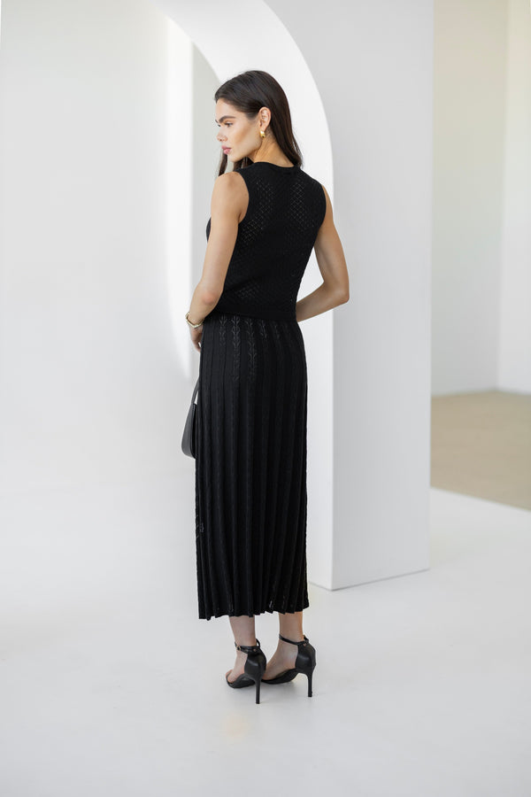 Ophélie Knit Top & Pleated Skirt Set – Black