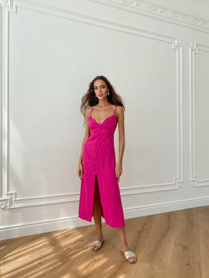 Nolwenn Buttoned Satin Slip Dress – Fuchsia