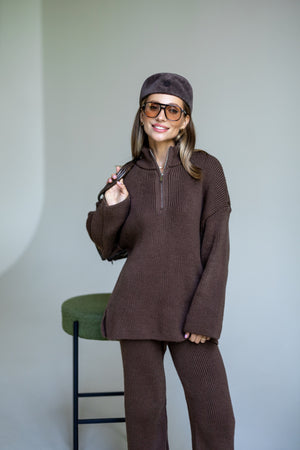 Agathe Half-Zip Knit Set – Brown