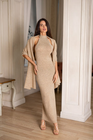 Salomé Halter Maxi & Cardigan Set – Beige