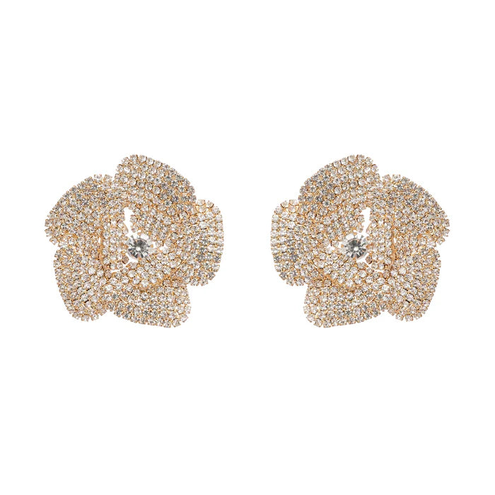 Gold Crystal Embellished Floral Statement Earrings