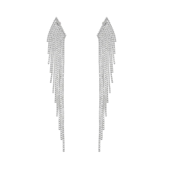 Silver Long Tassel Earrings with Crystal Strands