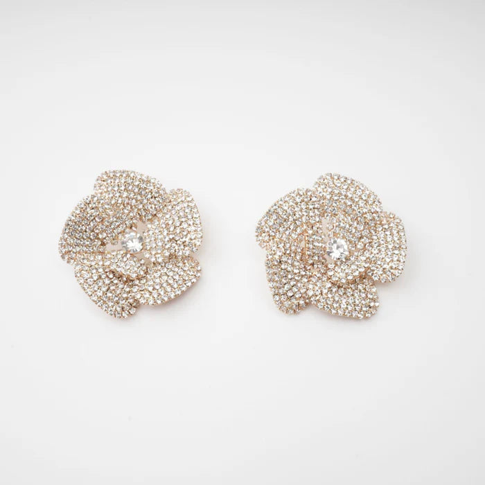 Gold Crystal Embellished Floral Statement Earrings