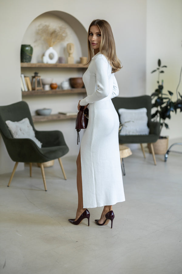 Sylvie Collared Knit Midi Dress – Milk White