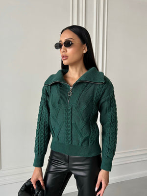 Vera Cable Half-Zip Sweater – Forest Green