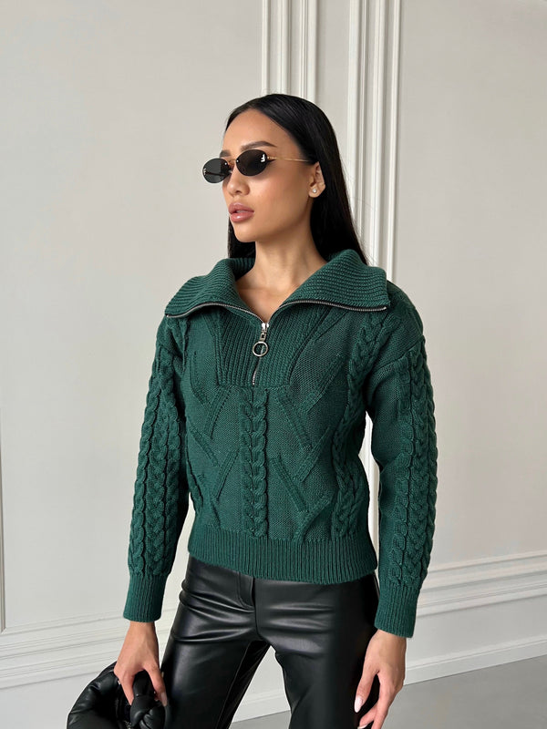 Vera Cable Half-Zip Sweater – Forest Green