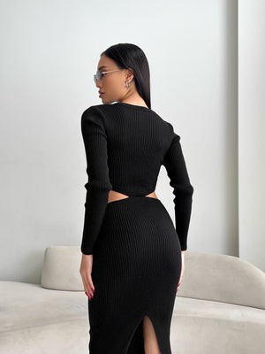 Nadia Ribbed Cut-Out Knit Set – Black