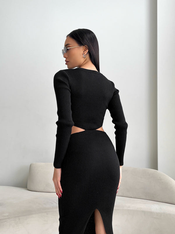 Nadia Ribbed Cut-Out Knit Set – Black