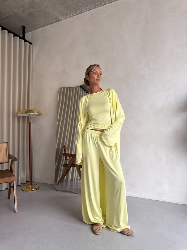 Angeline Knit Cardigan, Top & Trouser Set – Lemon