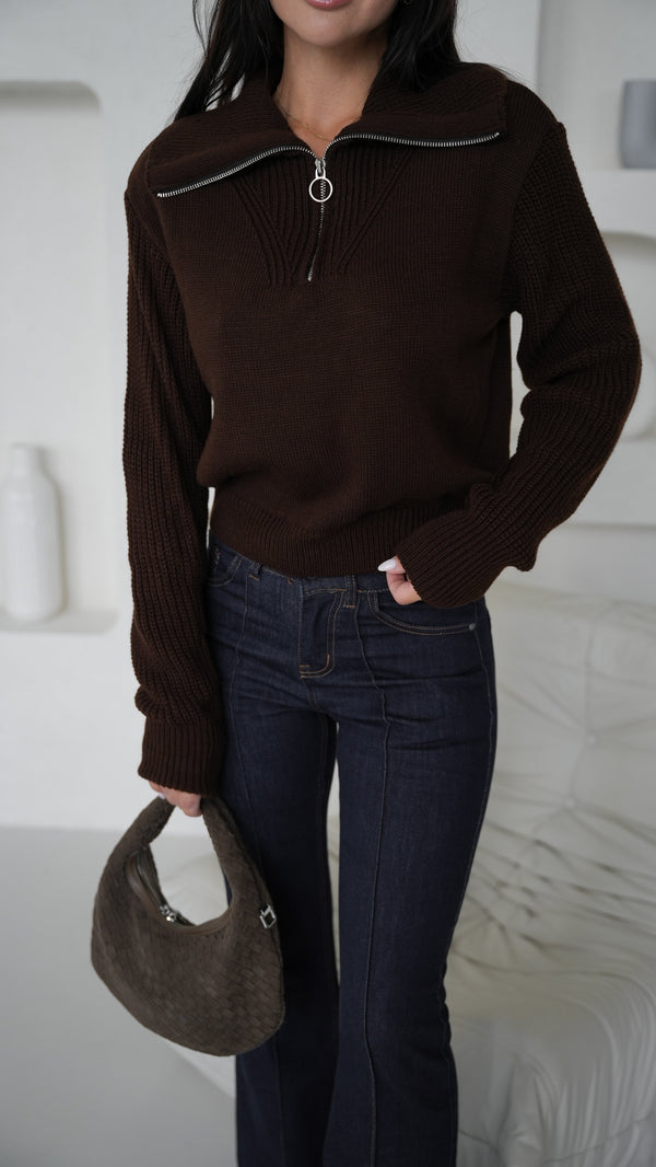 Éliane Half-Zip Cropped Sweater – Brown