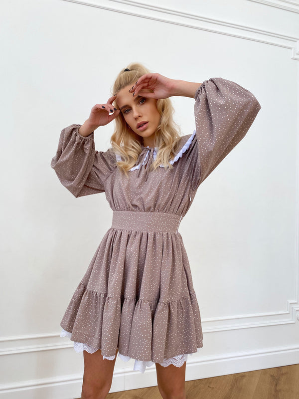 Oriane Lace-Trim Printed Mini Dress – Mocha