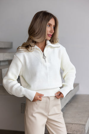 Éliane Half-Zip Cropped Sweater – Milk White