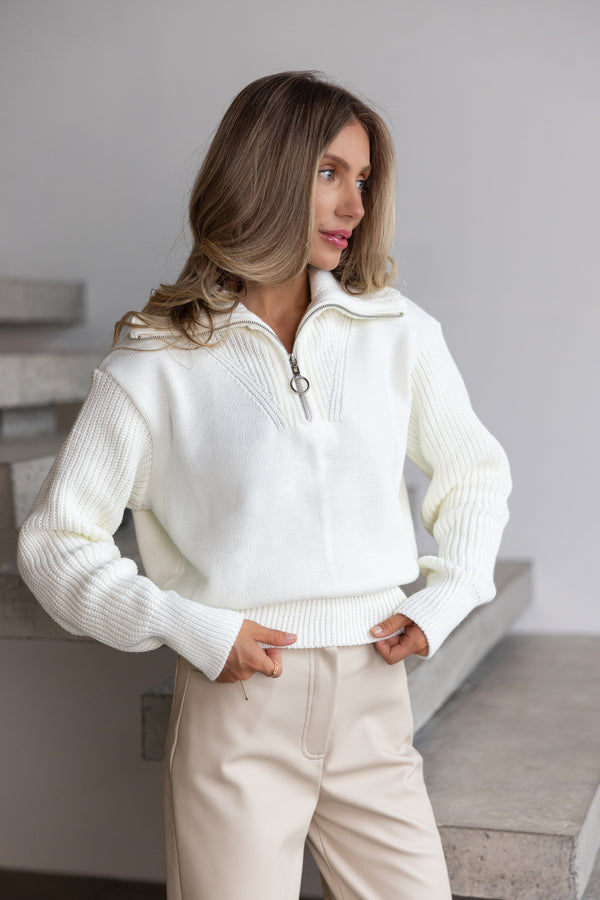 Éliane Half-Zip Cropped Sweater – Milk White