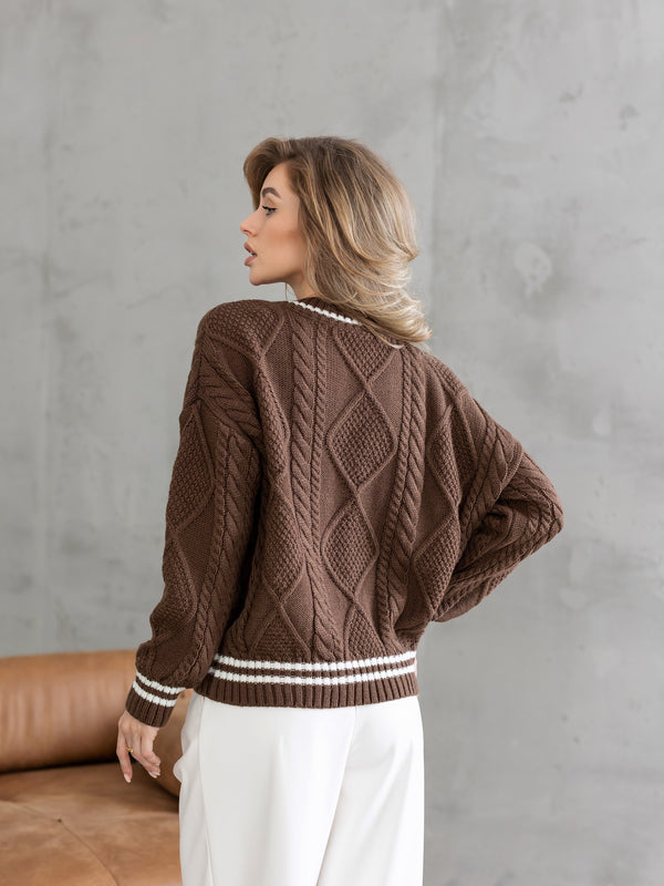 Beatrice Contrast-Trim Cable Sweater – Brown
