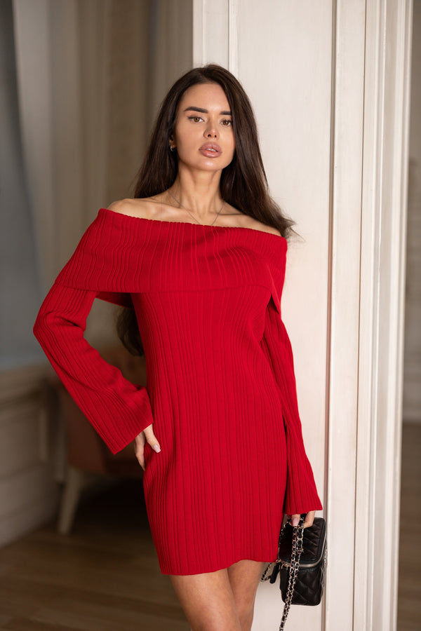 Noor Off-Shoulder Knit Dress – Red