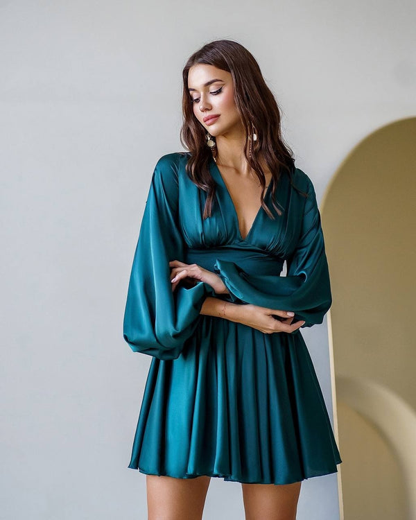 Gabrielle Bishop-Sleeve Satin Dress