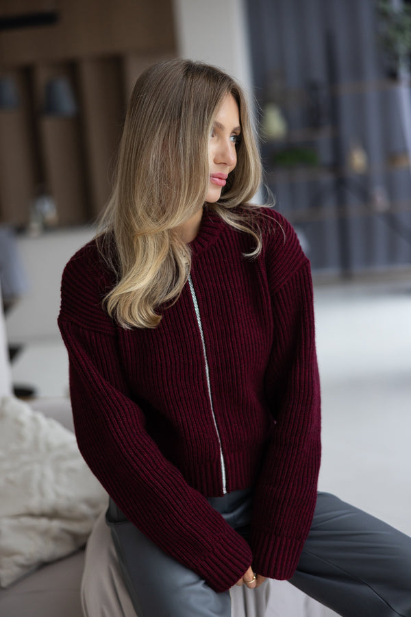 Romy Zip-Front Knit Jacket – Burgundy