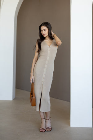 Léonie Buttoned Knit Midi Dress – Beige