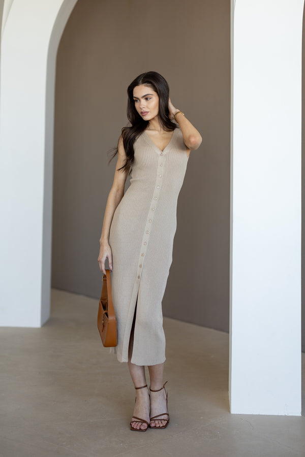 Léonie Buttoned Knit Midi Dress – Beige