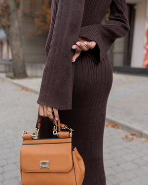 Rosalie Ribbed Midi Dress – Brown
