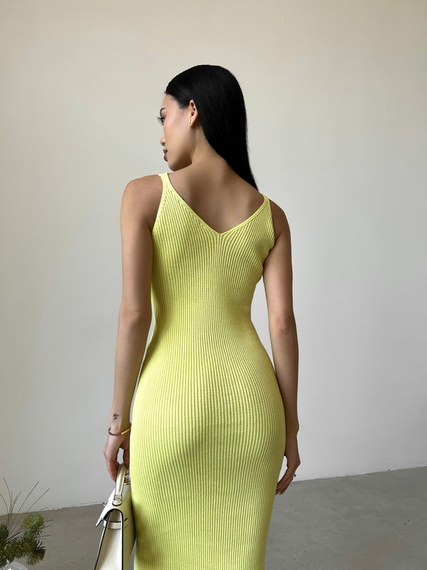 Isaure Ribbed Knit Midi Dress – Lemon