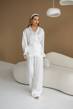 Armelle Satin Shirt & Trouser Set – Milk White