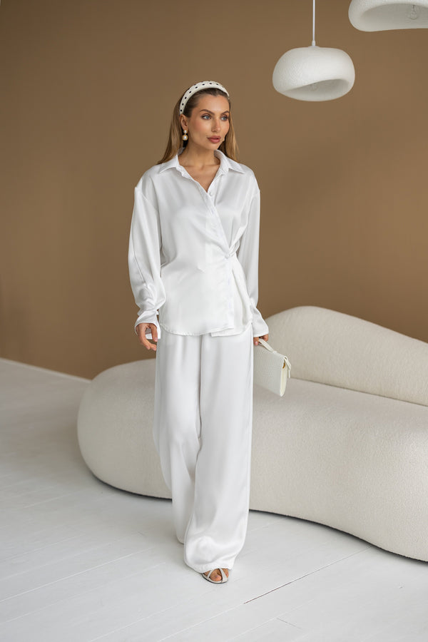 Armelle Satin Shirt & Trouser Set – Milk White