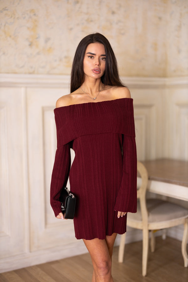 Noor Off-Shoulder Knit Dress – Burgundy