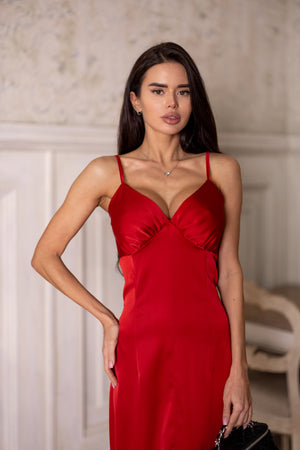 Elodie Fluted Slip Dress – Red