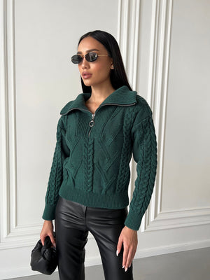 Vera Cable Half-Zip Sweater – Forest Green