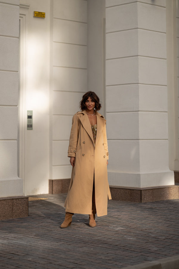 Dorothée Belted Faux-Leather Trench – Camel