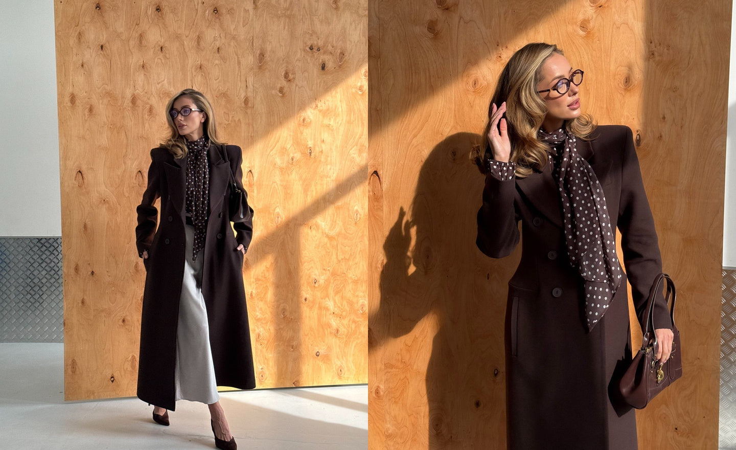 Honorine tailored longline coat in chocolate with a printed silk scarf, worn in low autumn sun